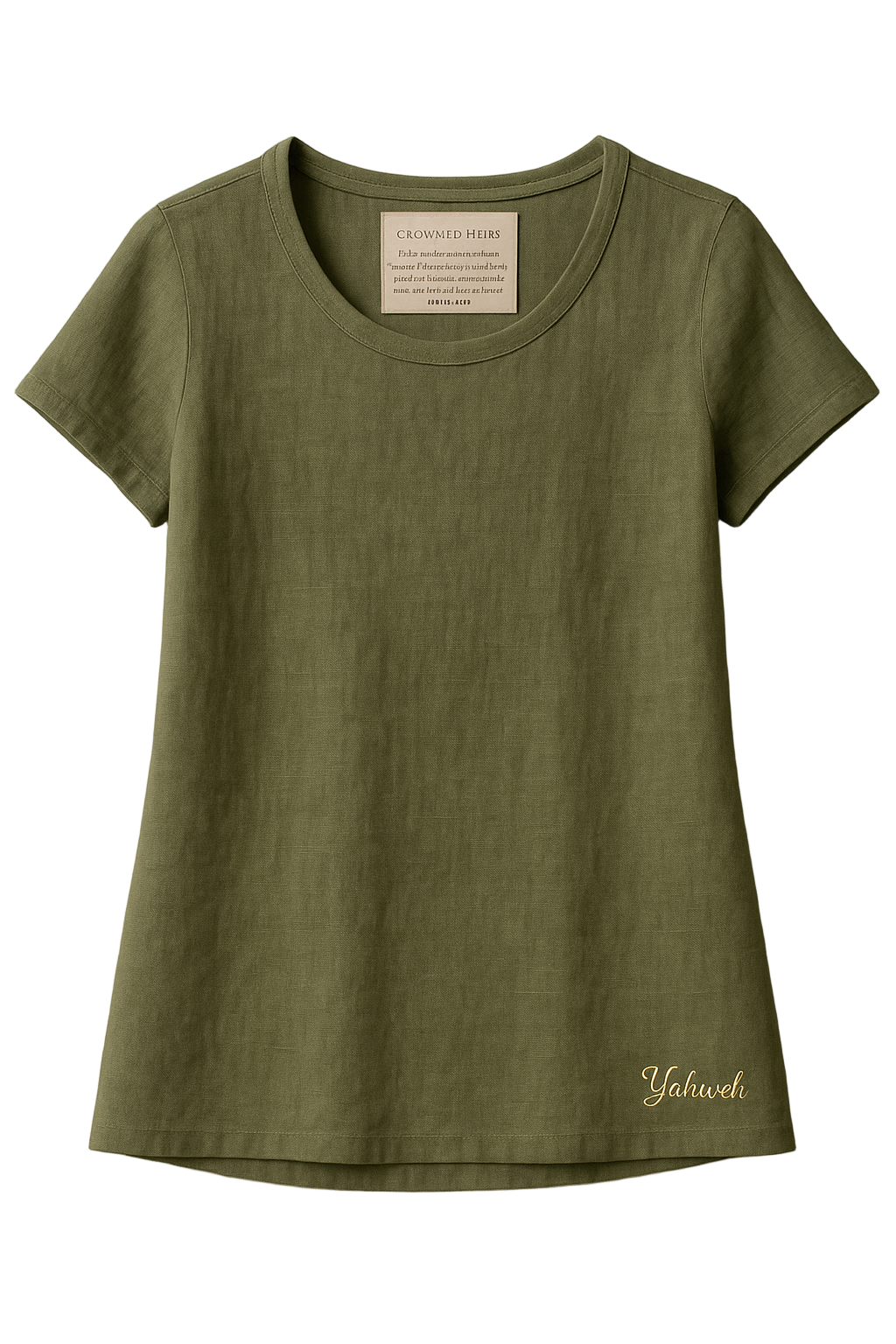 Green t-shirt with 'Yahweh' branding on a white background