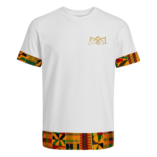 White t-shirt with colorful arm sleeves and bottom hem on a white background