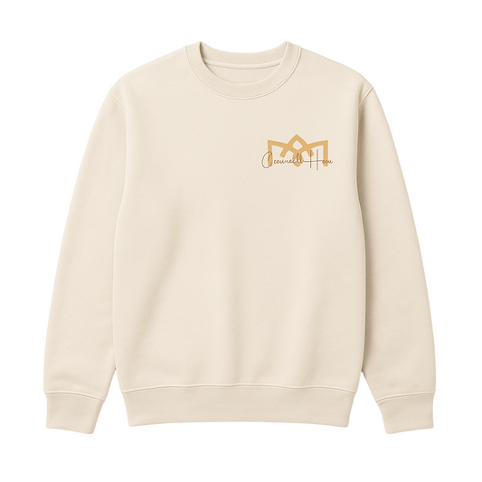 Beige sweatshirt with a gold logo on a white background
