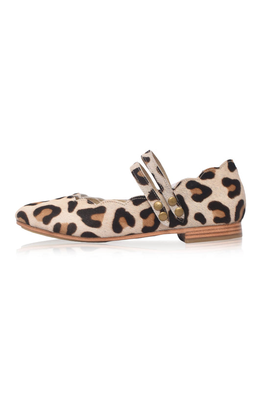 Leopard print flat shoe with a strap on a white background