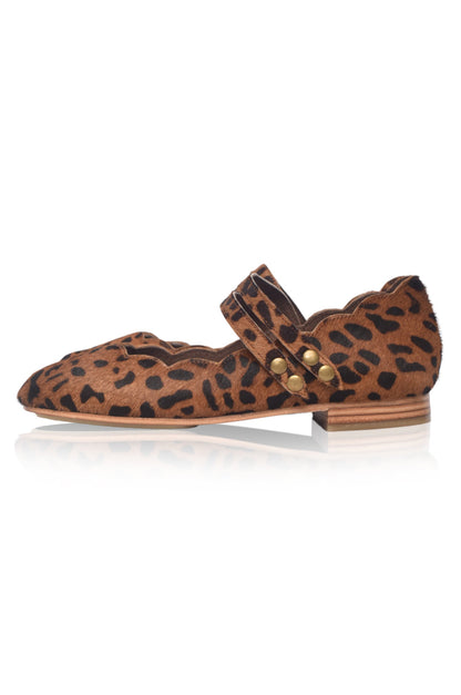Leopard print flat shoe with gold buckle on a white background
