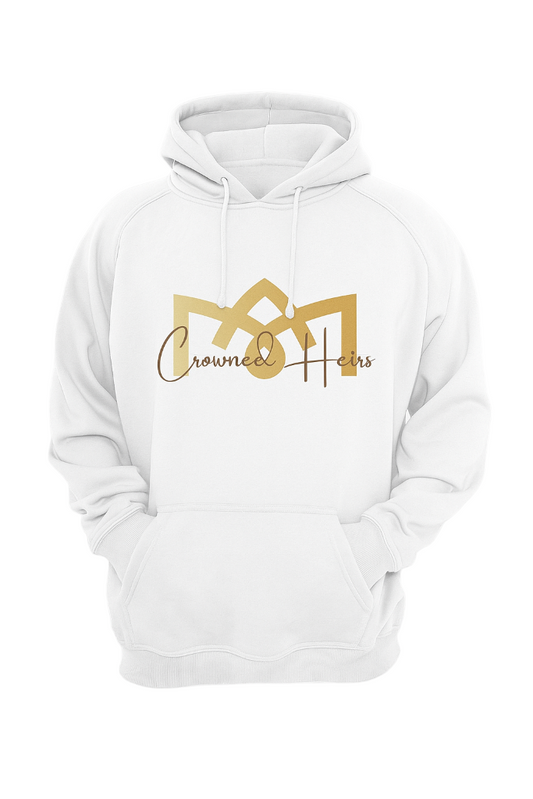 White hoodie with gold logo and text on a white background