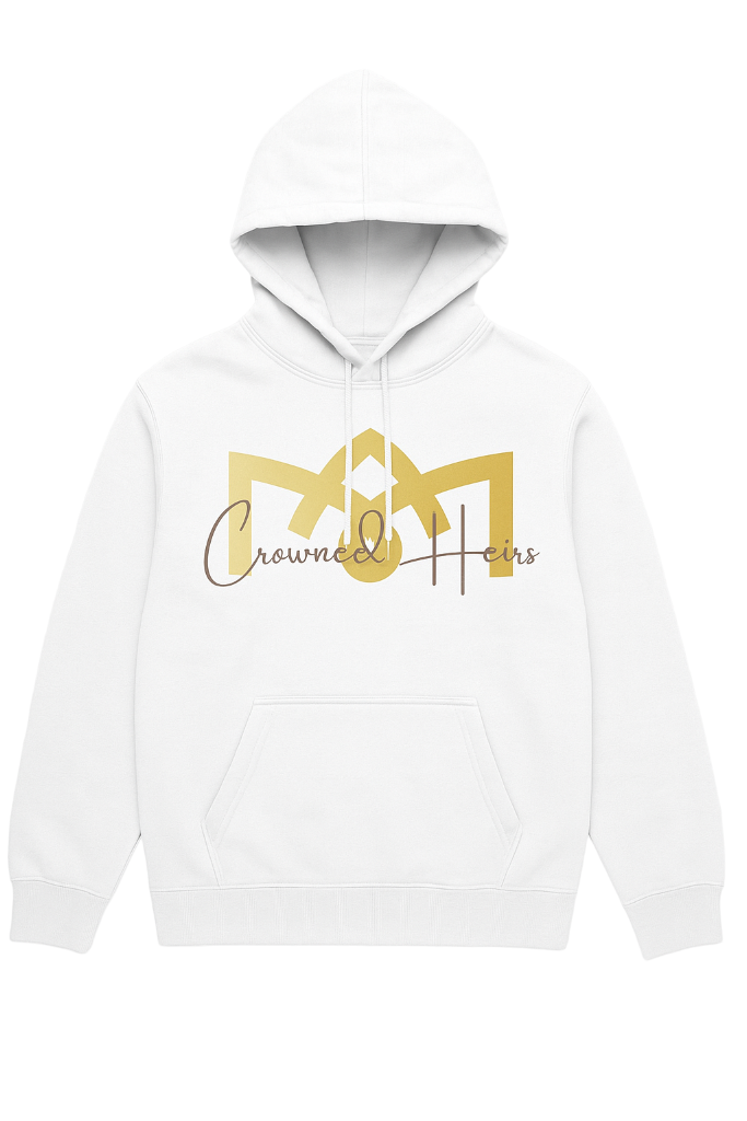 White hoodie with gold and 'Crowned Heirs' text on a white background