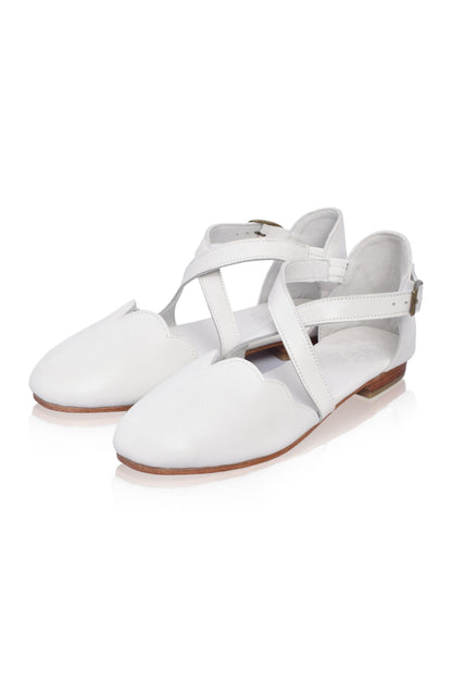 White sandals with thin straps on a white background