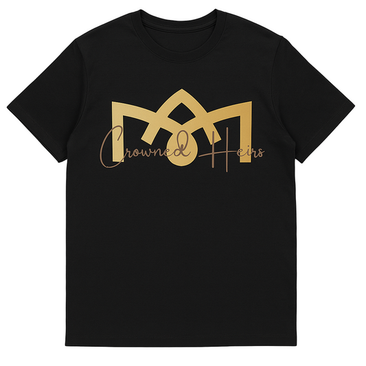 Black t-shirt with gold logo and text on a white background