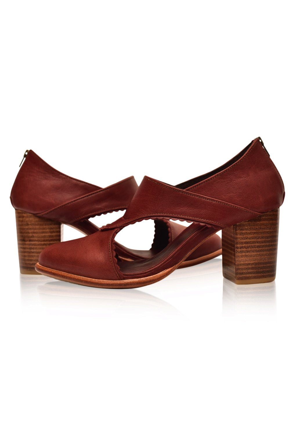 Pair of brown high-heeled shoes on a white background