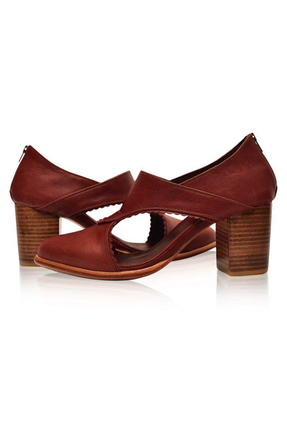 Pair of brown high-heeled shoes on a white background