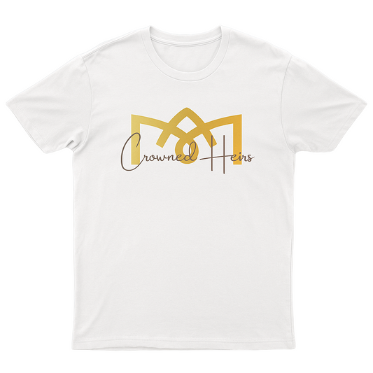 White t-shirt with 'Crowned Heirs' logo on a white background
