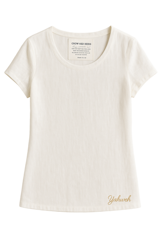 White t-shirt with 'Yahweh' branding on a white background