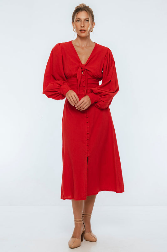 Velvet Sky Long Sleeve Linen Midi Dress